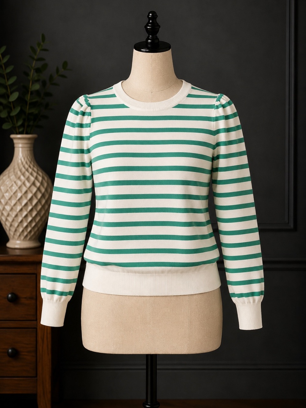 Striped Crewneck Sweater - Green & White